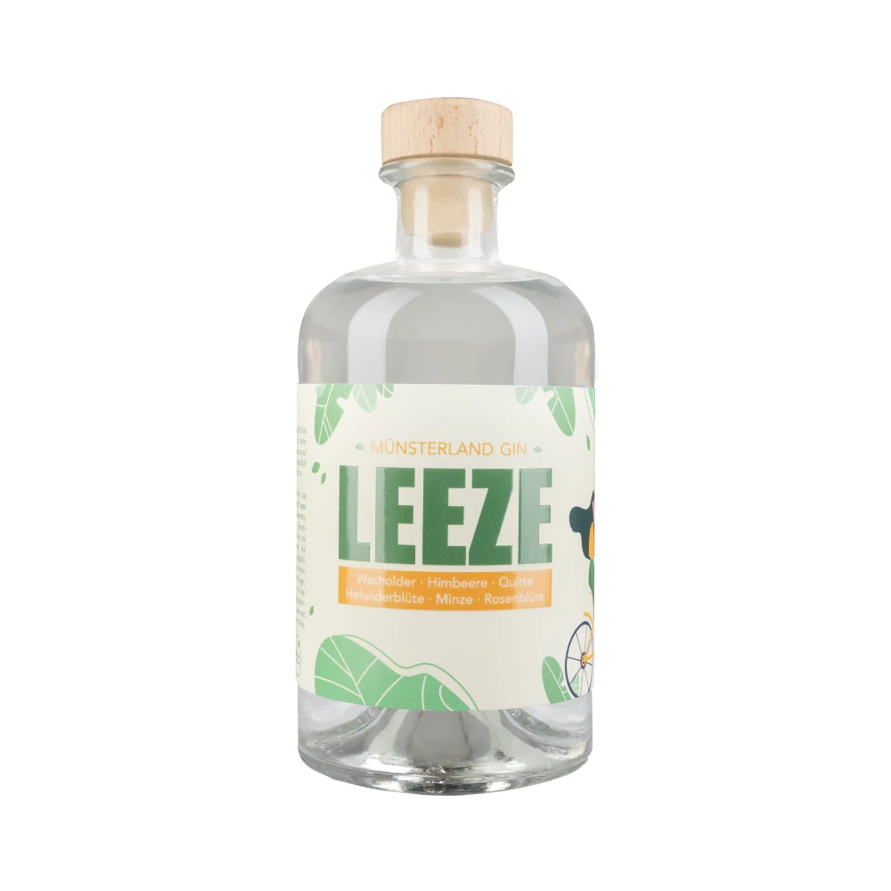 Freigestellte Flasche Leeze Münsterland Gin mit grünem Etikett