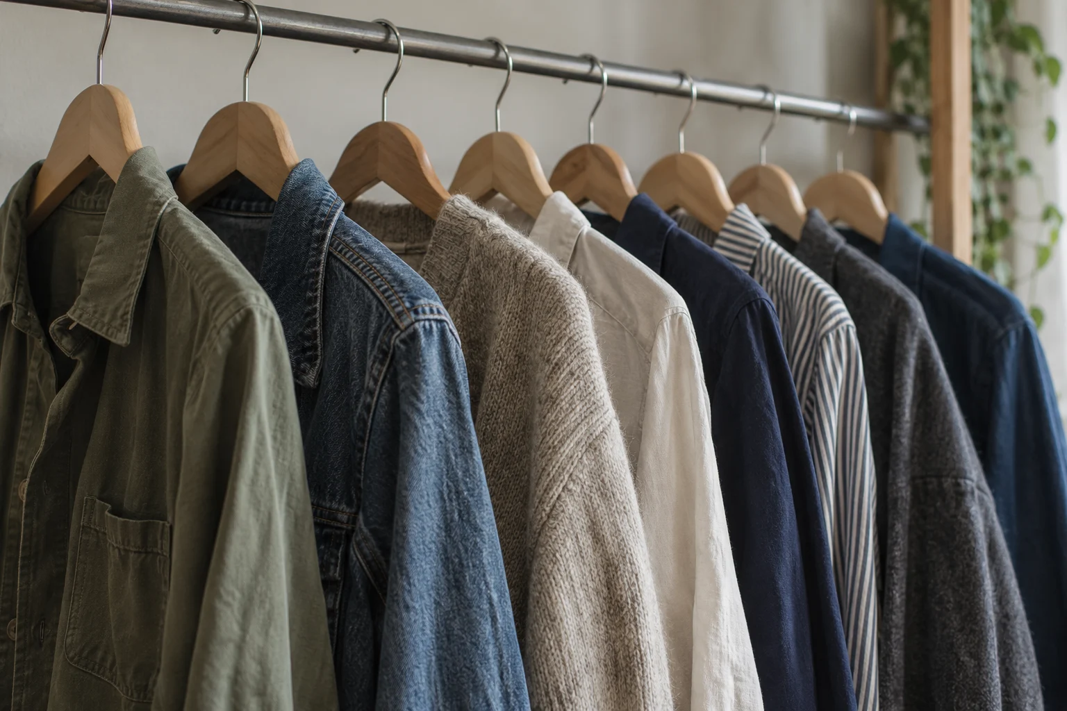 Gebrauchte Jacken, Strickjacke und Hemden an einer Kleiderstange; KI-generiertes Symbolbild